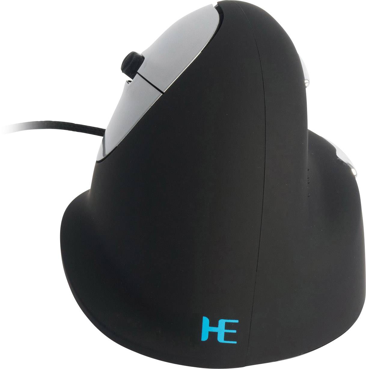 Vertikální, ergonomická, černá počítačová myš s kabelem a dvěma tlačítky.