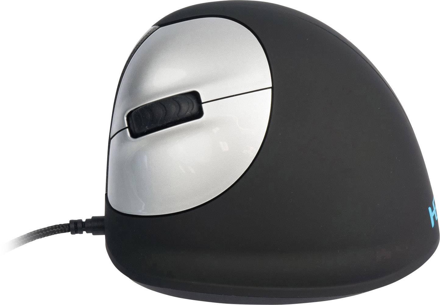 Ergonomická vertikální počítačová myš se stříbrným a černým designem, kabelové připojení.