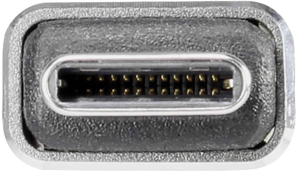 Detailní záběr konektoru USB-C, který se používá pro přenos dat a nabíjení. Zobrazuje oválný tvar a vnitřní kontakty.