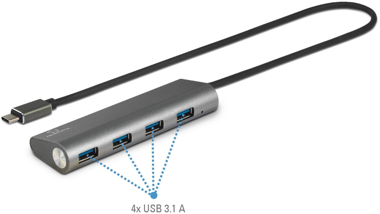 USB hub se čtyřmi USB 3.1 porty a USB-C kabelem, vhodný pro připojení několika zařízení k počítači.