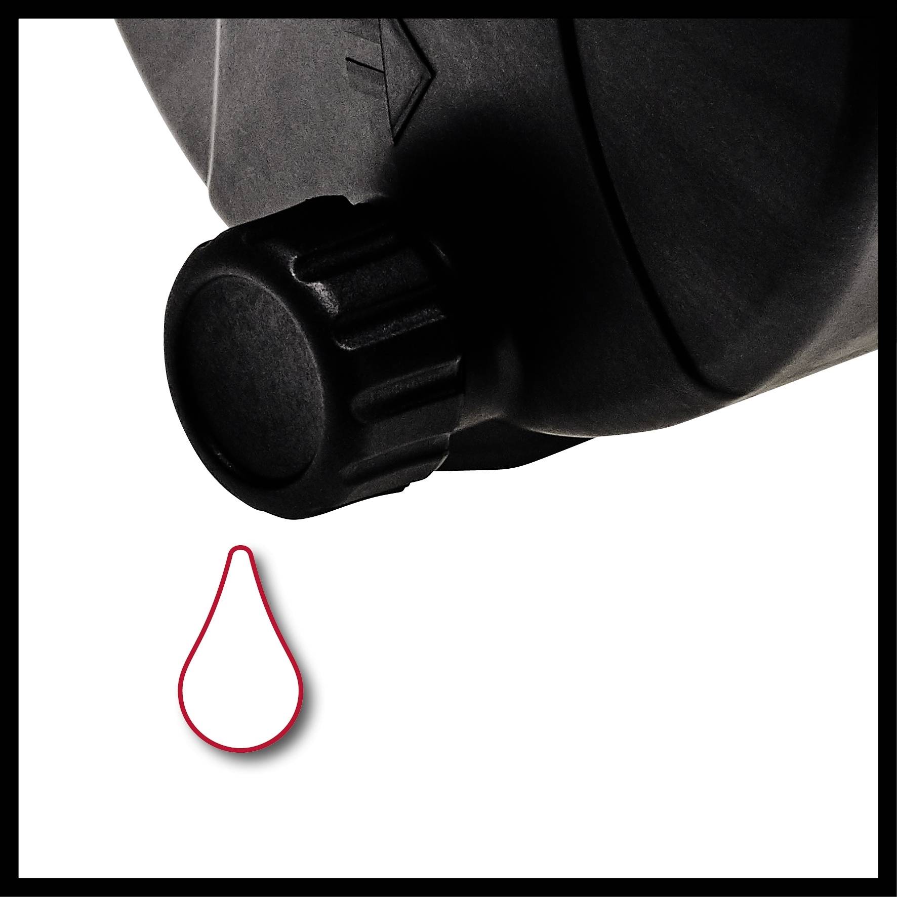 Černý kontejner s výpustným kohoutkem zobrazuje červenou kapkovitou formu pod sebou, symbolizující kapku, která vytéká.