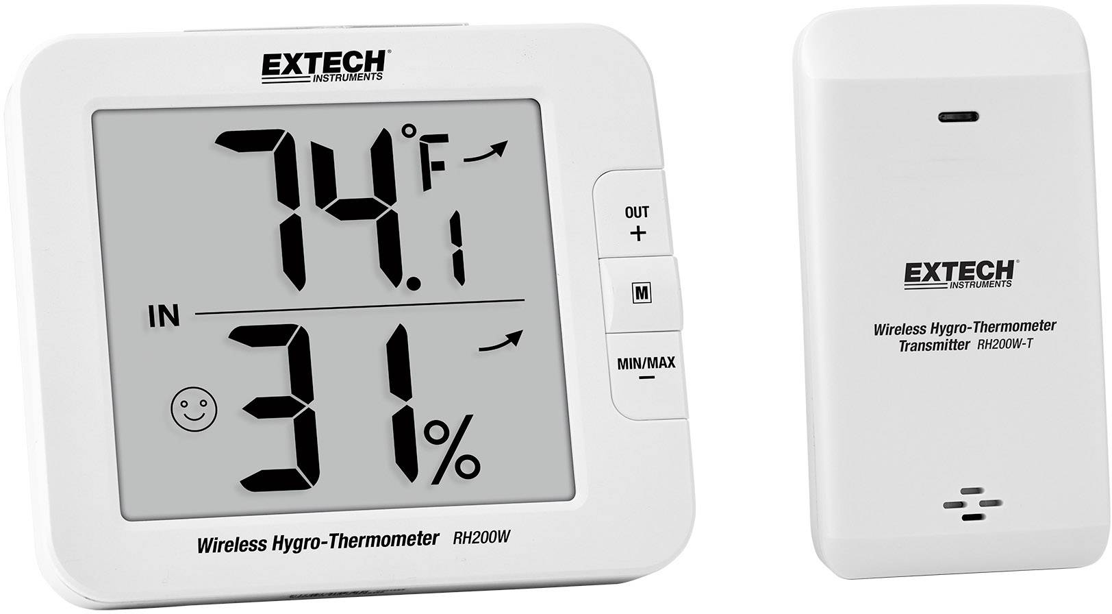 Bezdrátový sada hygro-teploměru s velkým displejem. Vlevo: displej s teplotou 74 °F a vlhkostí 31 %. Vpravo: vysílač.