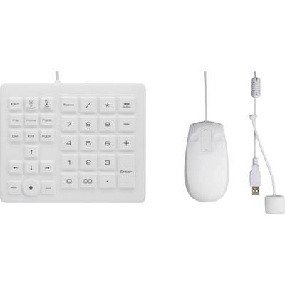 Klávesnice s integrovanou numerickou klávesnicí a myší, obě v bílé barvě. Připojení přes USB pro přenos dat.
