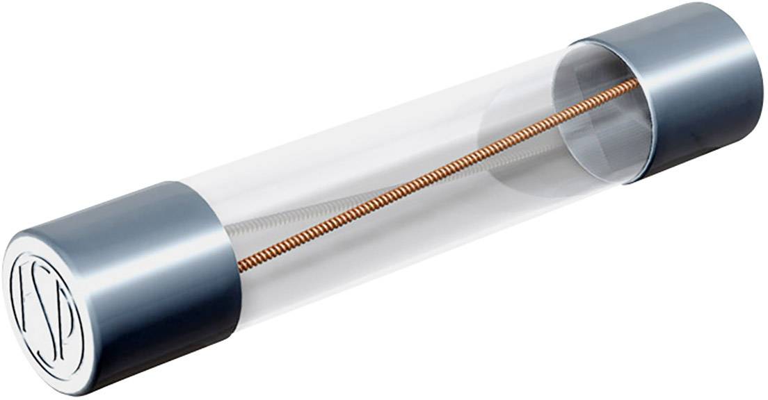 Průhledný válec s kovovými koncovkami a měděnou spirálou uvnitř, pravděpodobně elektronická součástka nebo pojistka.