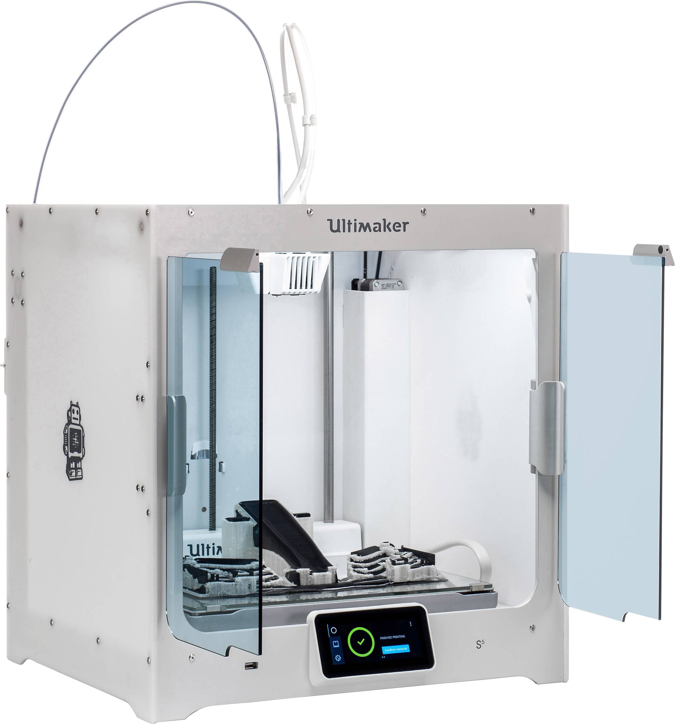 3D tiskárna s otevřenými dvířky zobrazuje probíhající tiskovou úlohu. Displej ukazuje ovládací prvky a informace o stavu tisku.