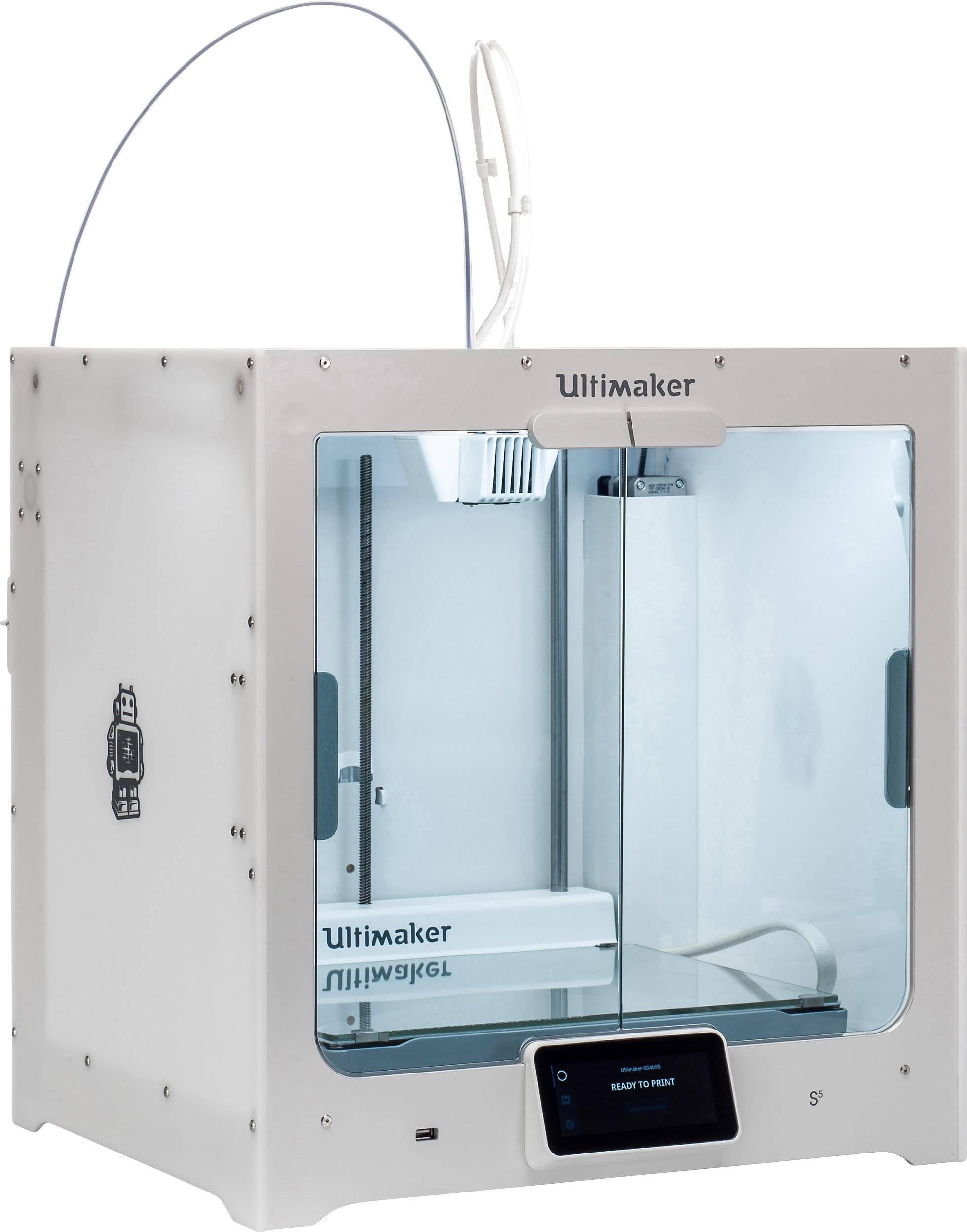 3D tiskárna značky Ultimaker s bílým krytem a skleněnými okénky stojí na rovném povrchu, připravena k tisku.