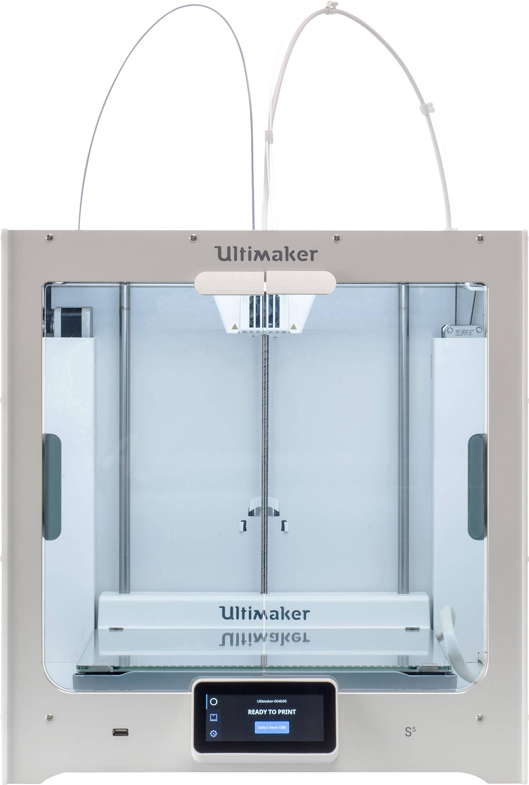 3D tiskárna s obdélníkovým krytem a dvěma vstupy pro filament nahoře. Na displeji je nápis 'Připraveno k tisku'.