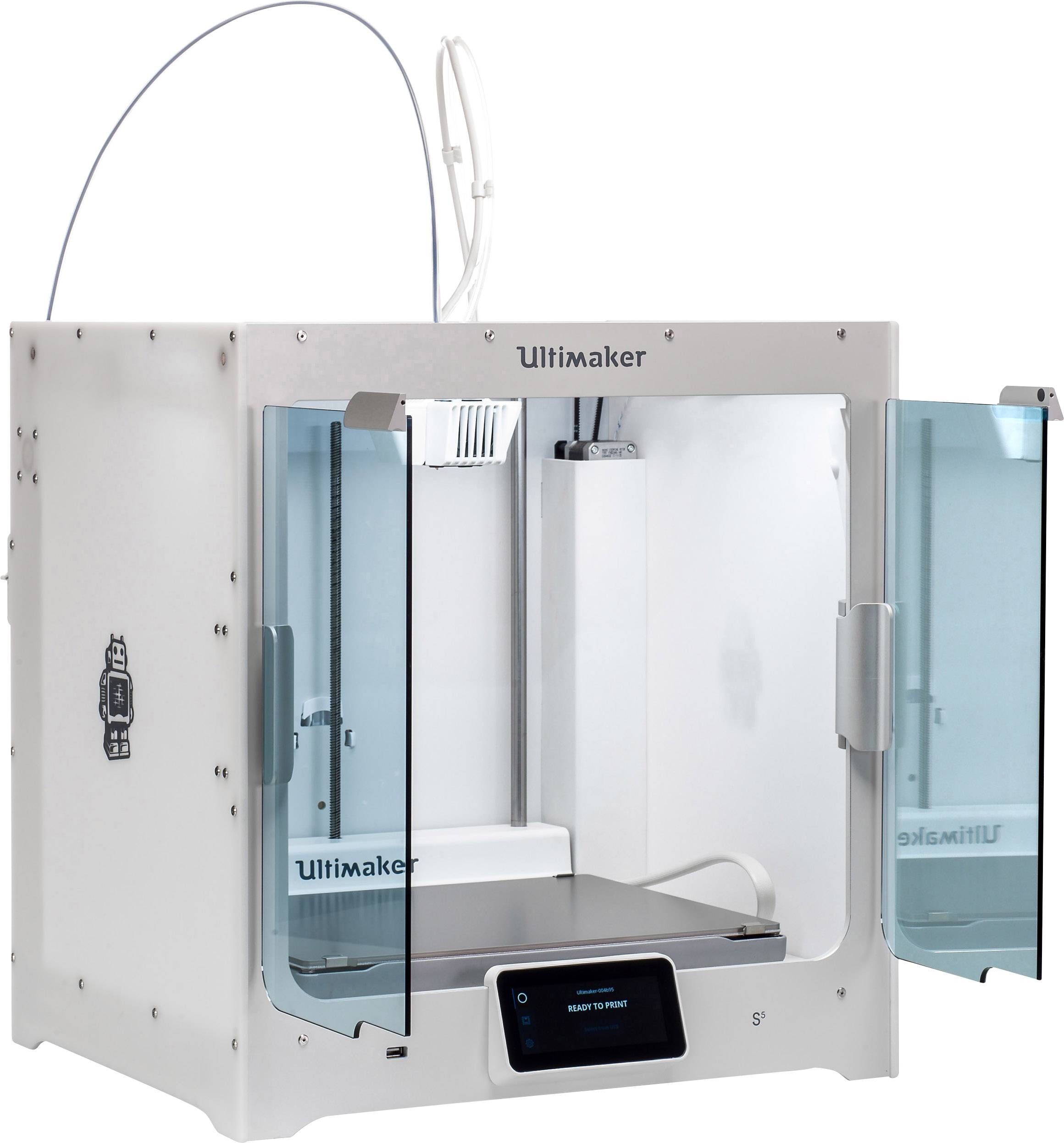 Bílá 3D tiskárna od Ultimakeru s otevřenými skleněnými dvířky, vhodná pro tisk prototypů a složitých modelů.