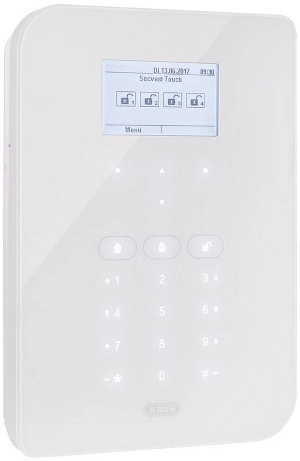 Bílý bezpečnostní ovládací panel s podsvícenými tlačítky a malým displejem zobrazujícím datum, čas a různé symboly.