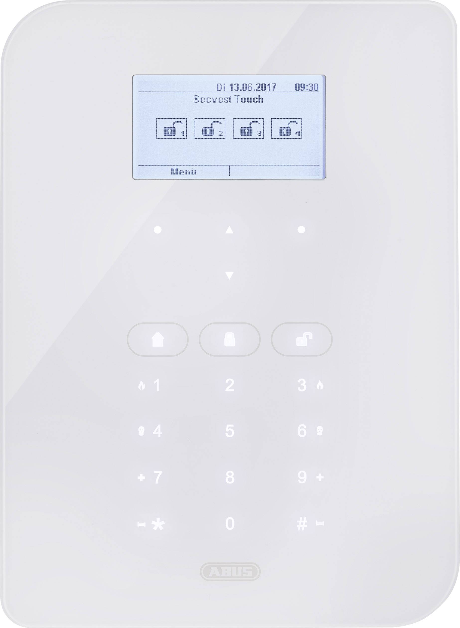 Nástěnný ovládací panel s tlačítky, LCD displej zobrazuje čas a datum, viditelný symbol zamčených dveří. Hlavní nabídka je zobrazena.
