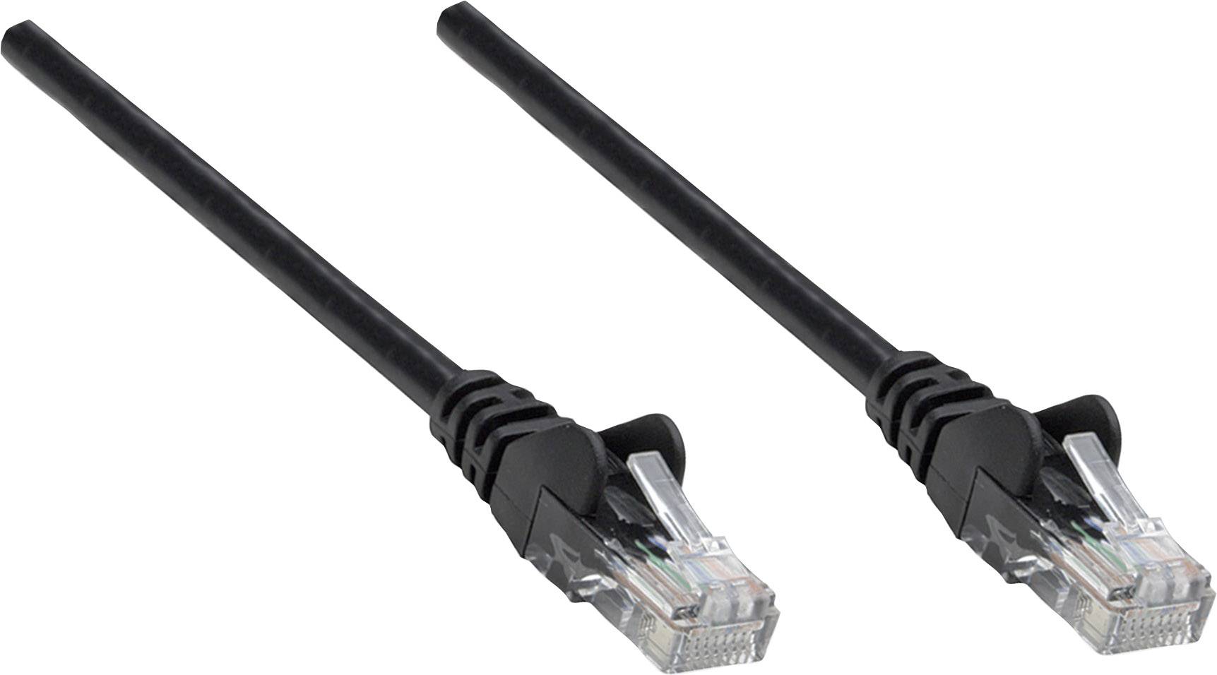 Dva černé ethernetové kabely s konektory RJ45 na obou koncích, vhodné pro síťová připojení.