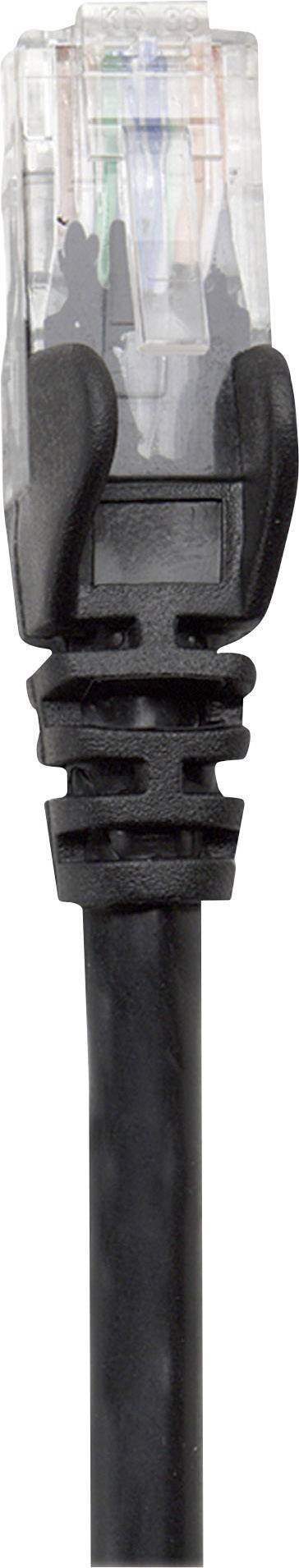 Detailní záběr černého síťového kabelu s průhledným konektorem RJ-45.