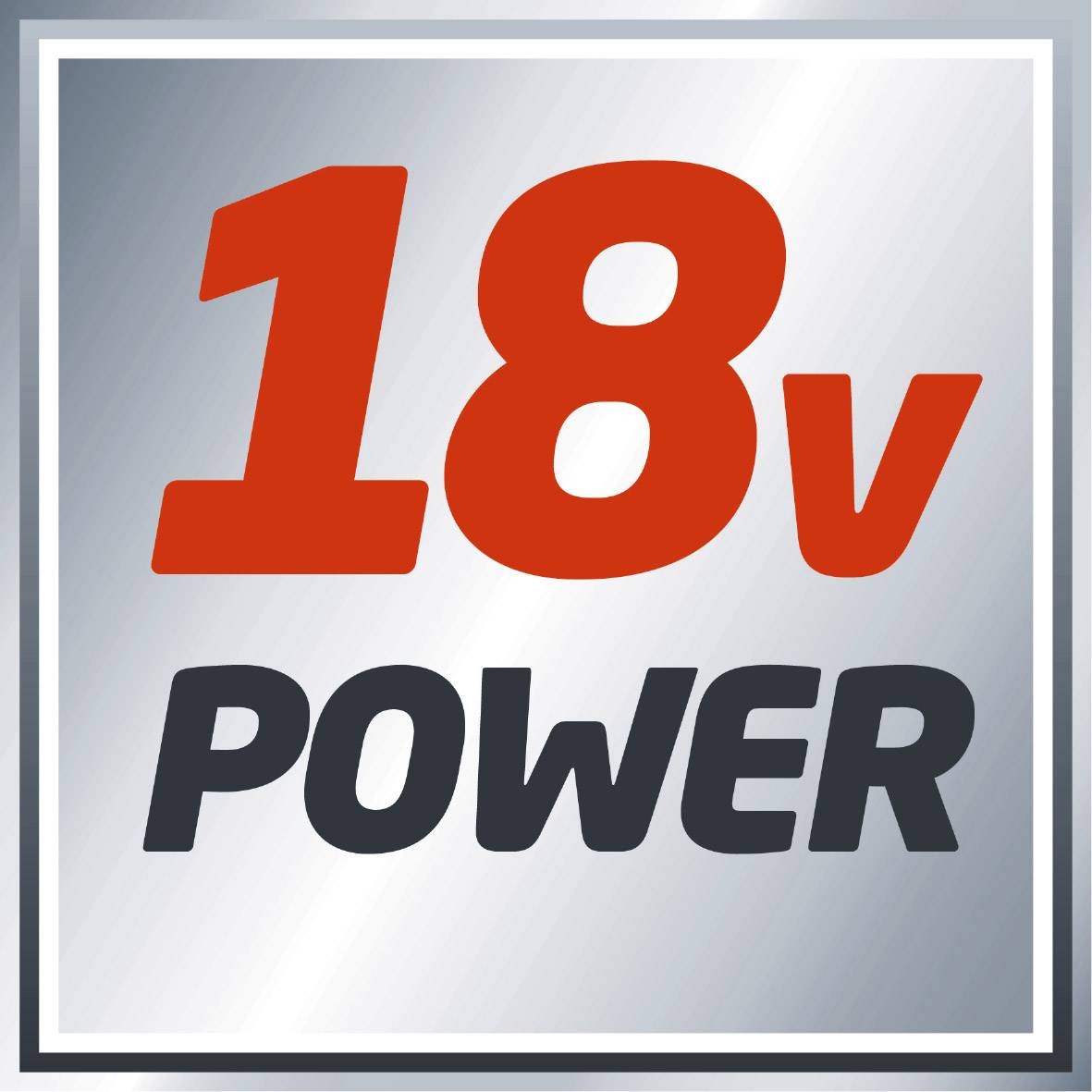 Symbol '18V Power' na kovovém pozadí, který vizualizuje sílu nebo výkonovou schopnost.