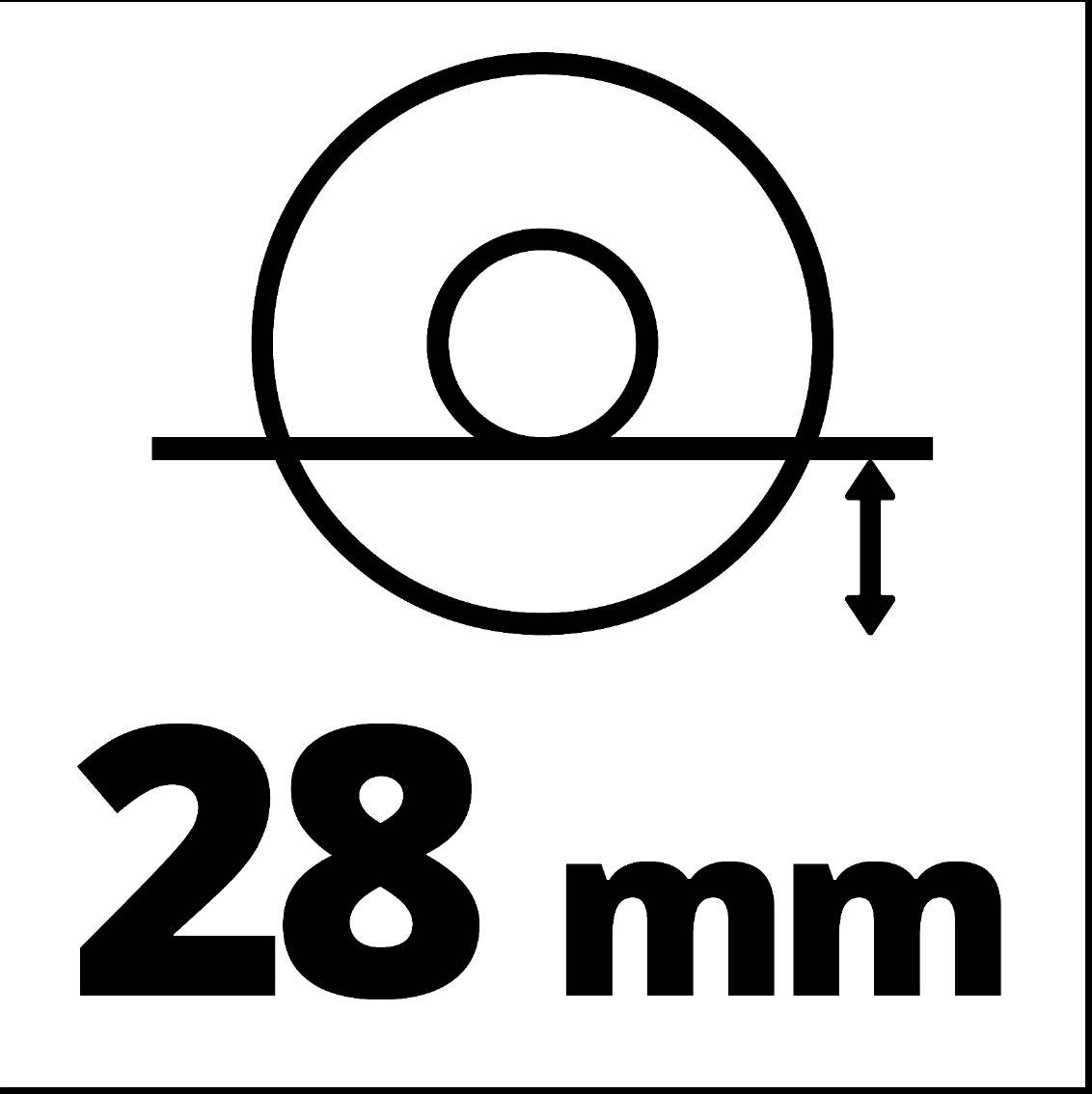 Ilustrace ukazuje průměr 28 mm se šipkou vedoucí z čáry nahoru k kruhu. Měrná jednotka je mm.