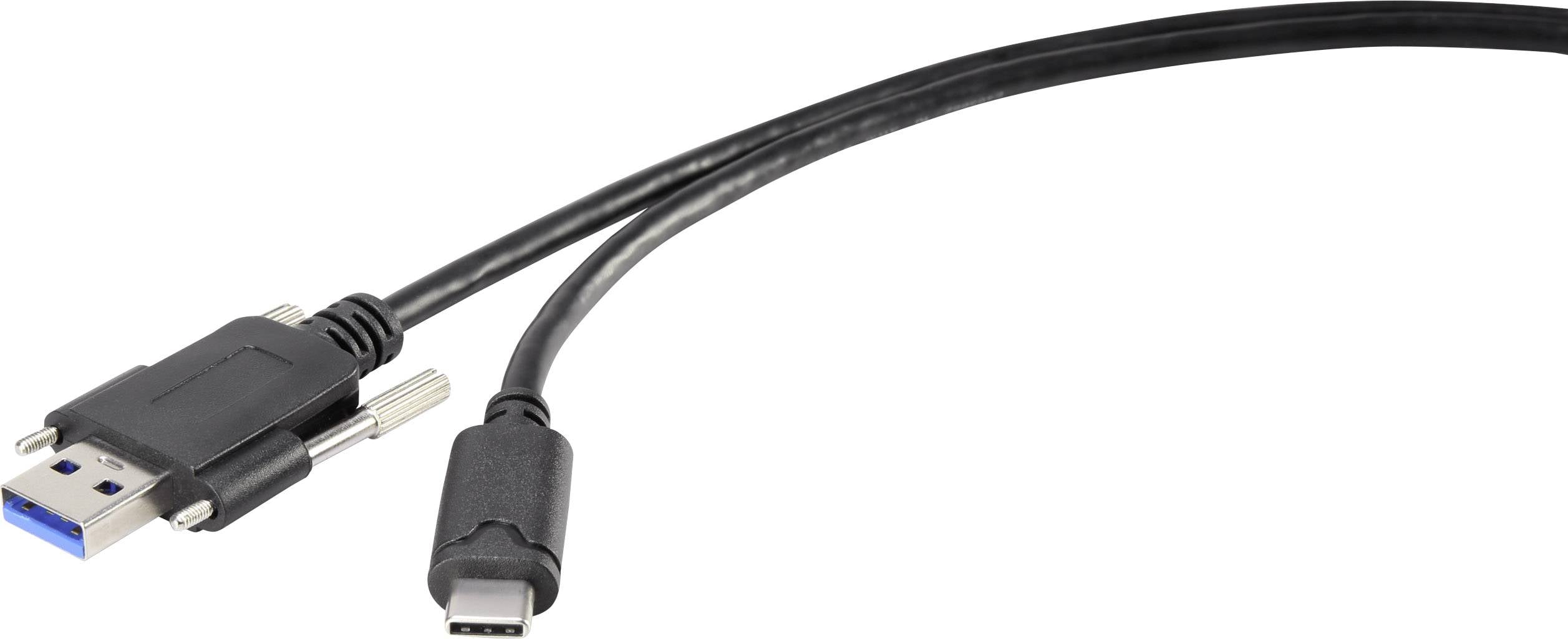 USB kabel s konektory USB-C a USB-A. Konektor USB-A má modré kontakty, což naznačuje kompatibilitu s USB 3.0.