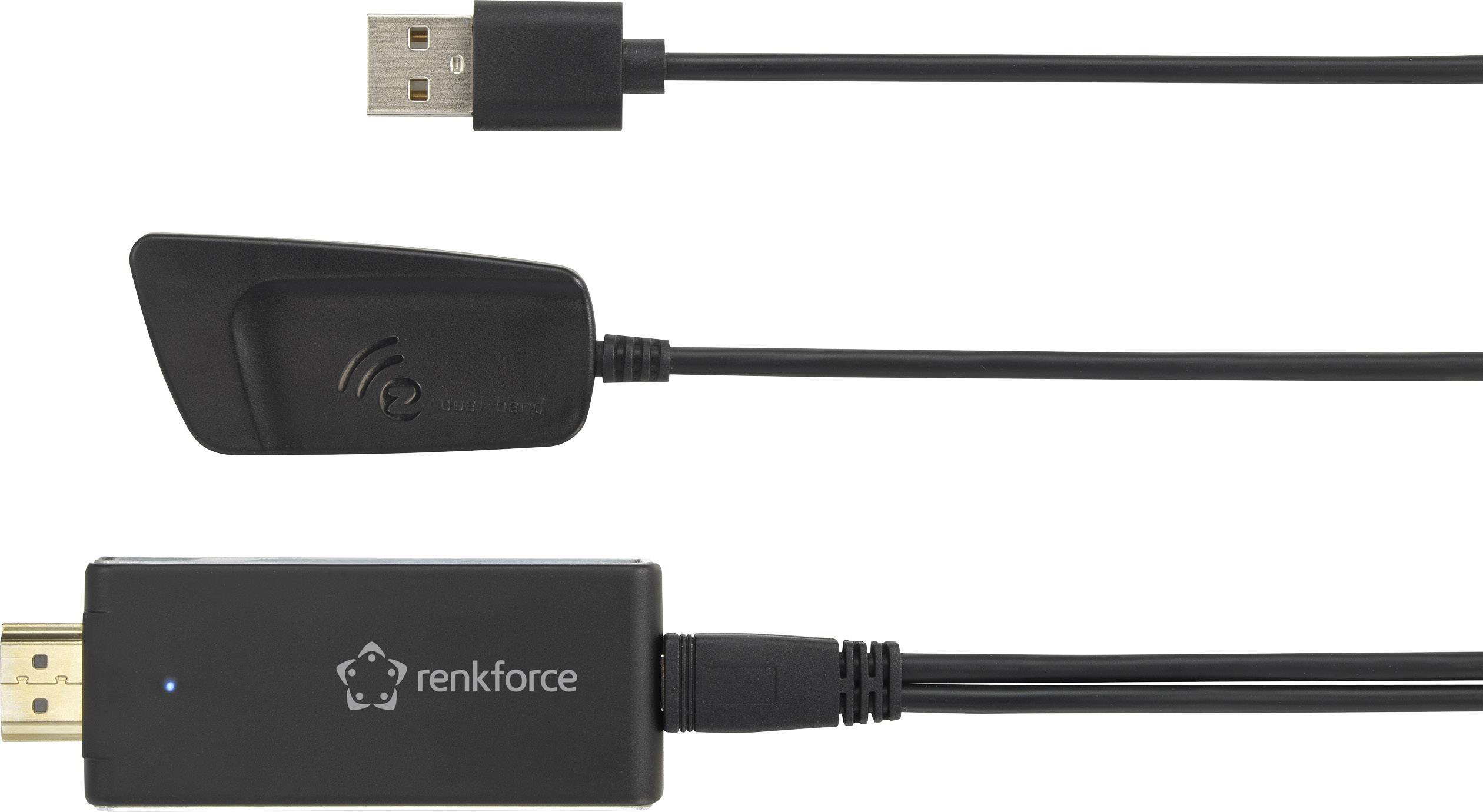 Renkforce HDMI bezdrátový adaptér, černý. Nahoře USB konektor, uprostřed anténa WLAN, dole HDMI konektor. Pro bezdrátový přenos videa.