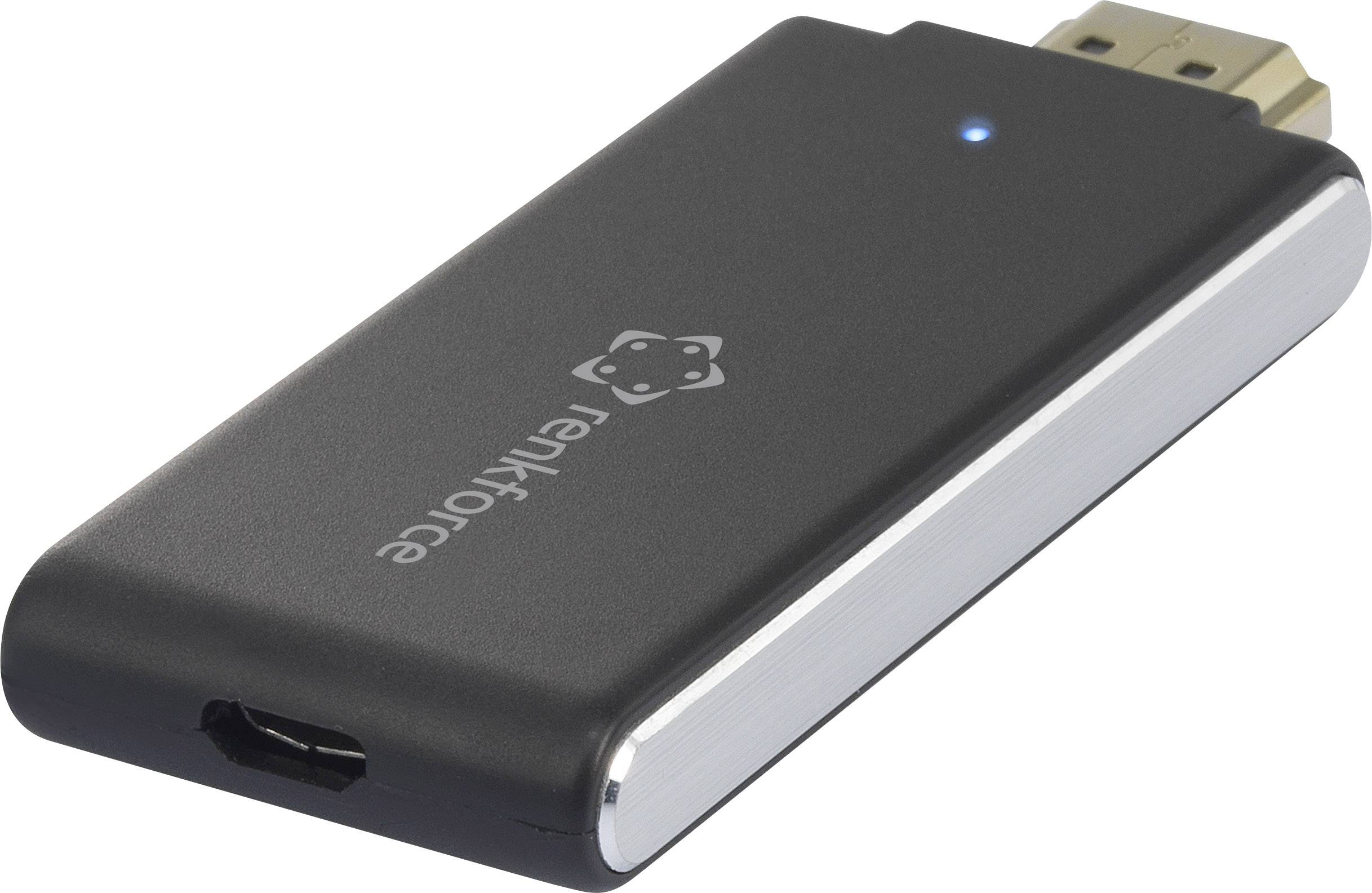 Černý HDMI dongle s malou modrou LED indikací a USB portem.