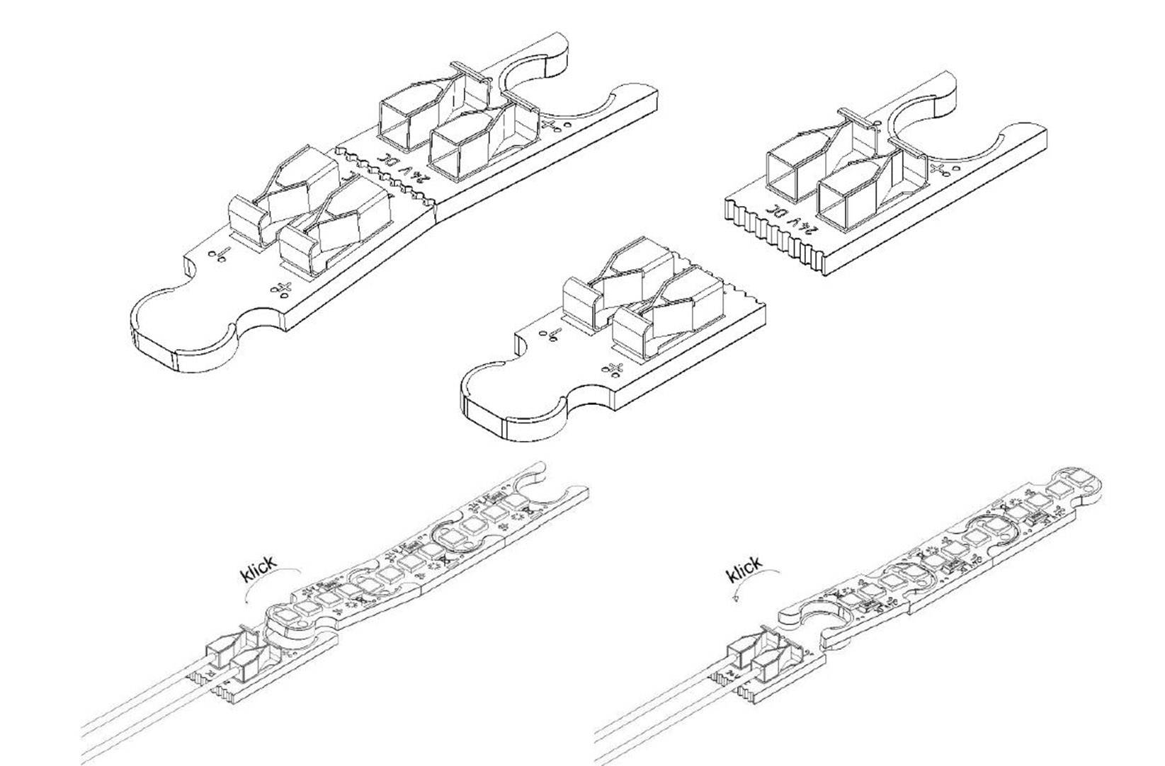 Skica pěti modulárních návrhů budov v různých uspořádáních. Moduly prezentují flexibilní urbanistické architektonické myšlenky.