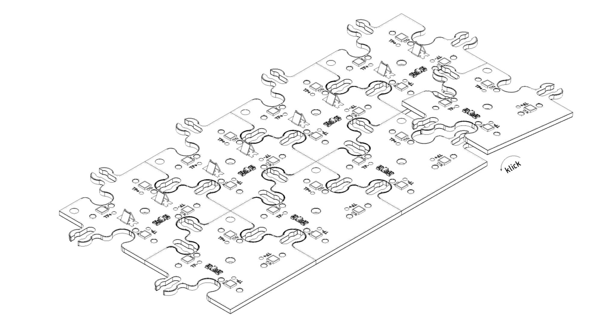 'Klick' puzzle ukazuje několik součástí, které jsou vzájemně propojeny, s nakreslenýma rukama demonstrující mechanismus připojení.