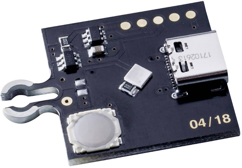 Malý elektronický modul s USB portem a několika komponenty, používaný pro elektronické aplikace nebo prototypování.