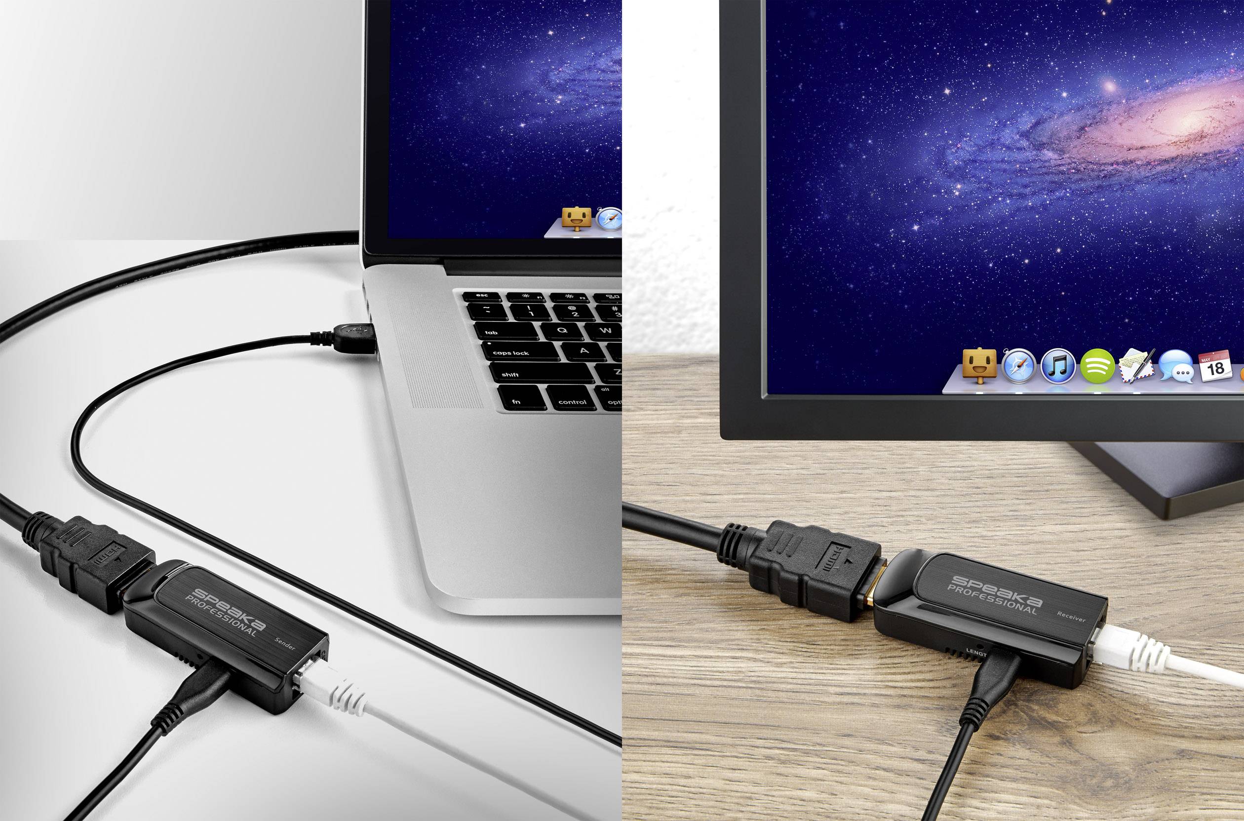 Zobrazení zapojení pro připojení notebooku k monitoru pomocí HDMI adaptéru pro vylepšený přenos obrazu.