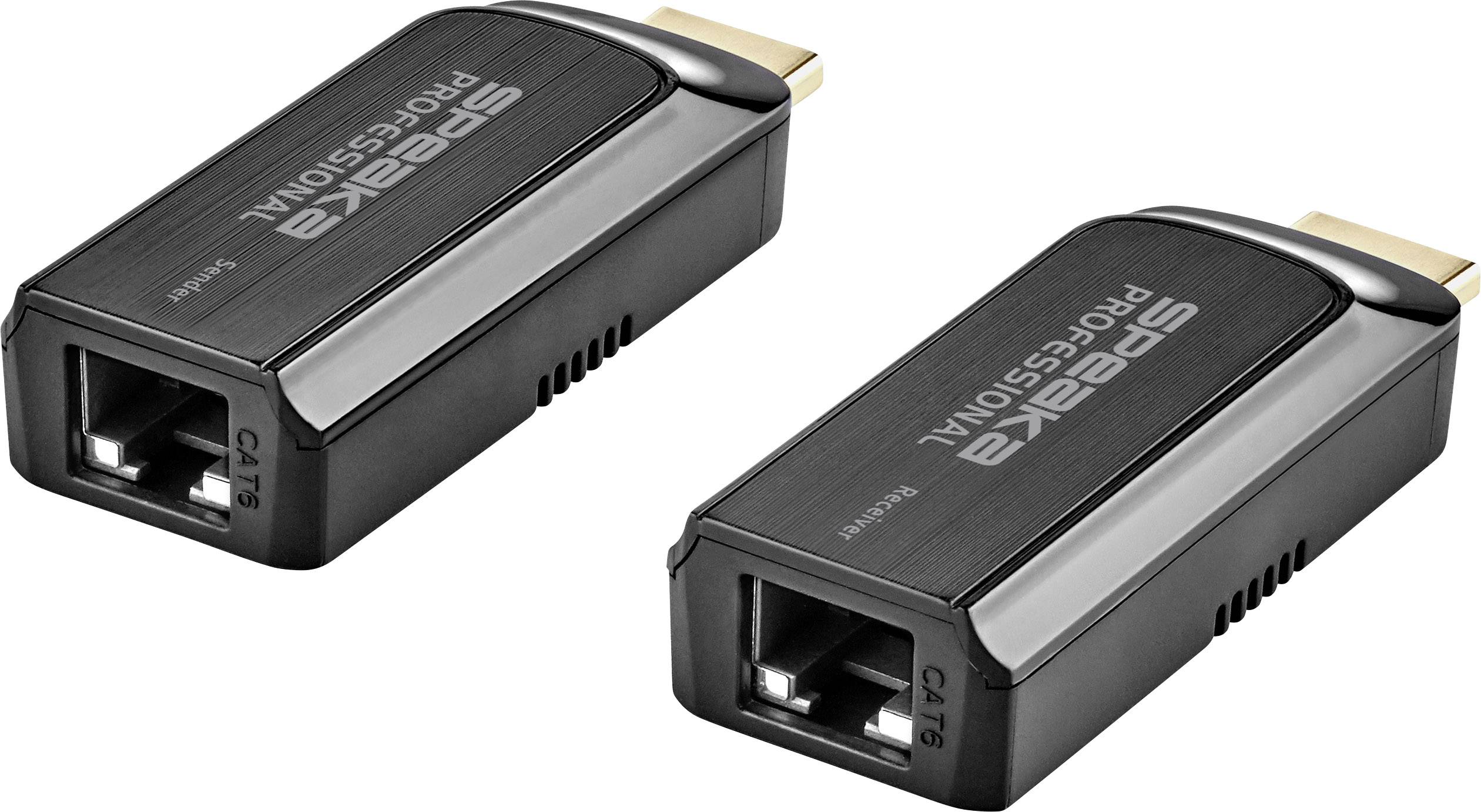 Dva černé HDMI adaptéry, označené nápisem 'SPEAKA PROFESSIONAL', zobrazují HDMI a ethernetové konektory.