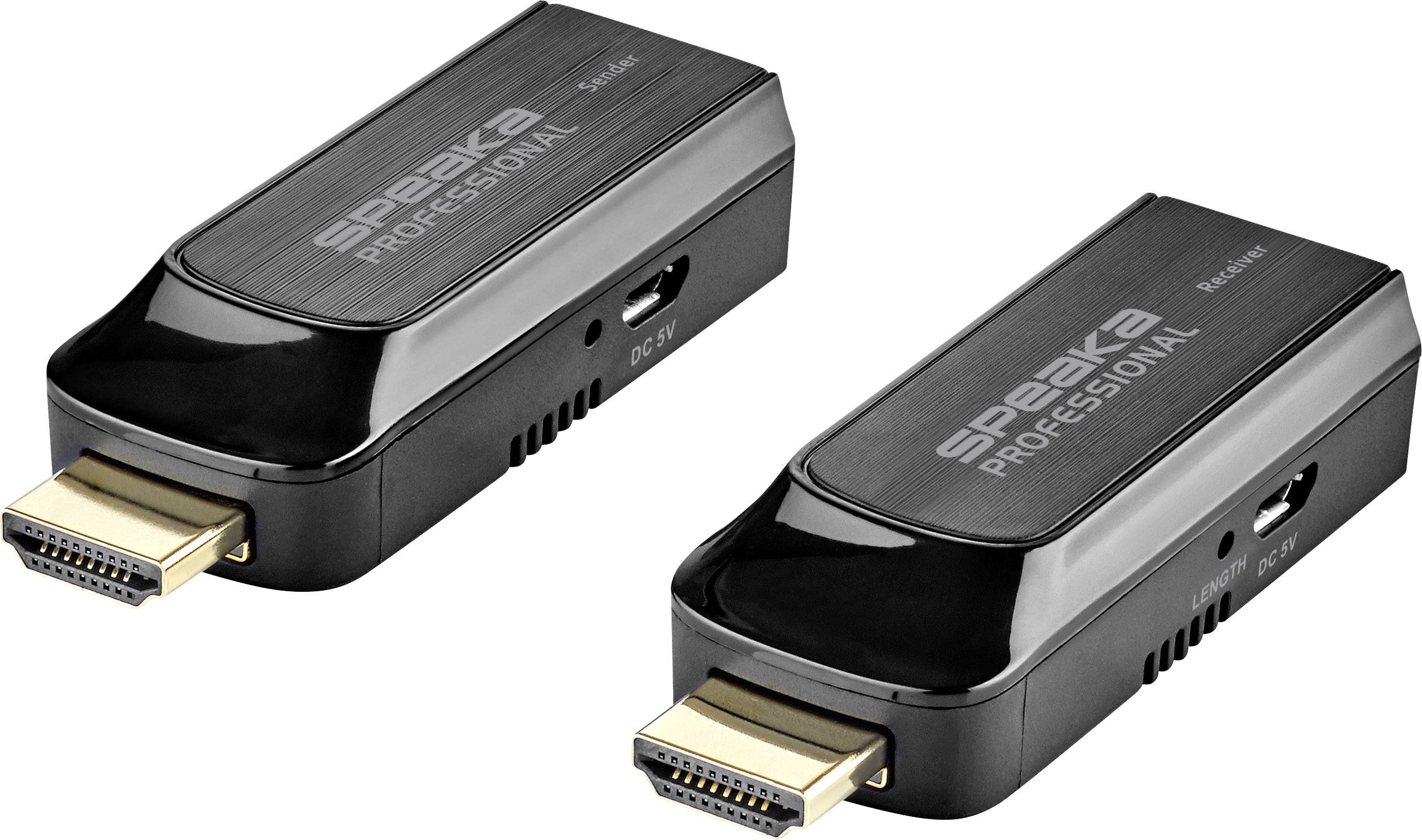 Dva černé bezdrátové HDMI vysílače s logem "speaKa PROFESSIONAL" určené pro bezdrátový přenos videosignálů.