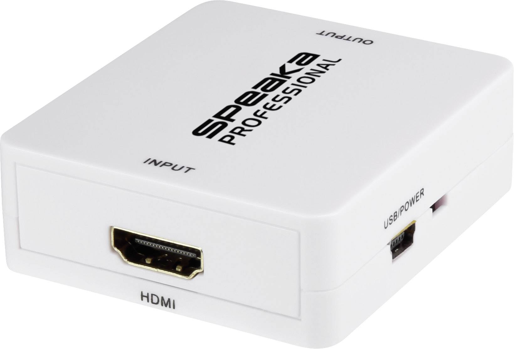 Bílý HDMI přepínač od SpeaKa Professional s přípoji pro HDMI a USB napájení, označený štítky 'Input' a 'Output'.