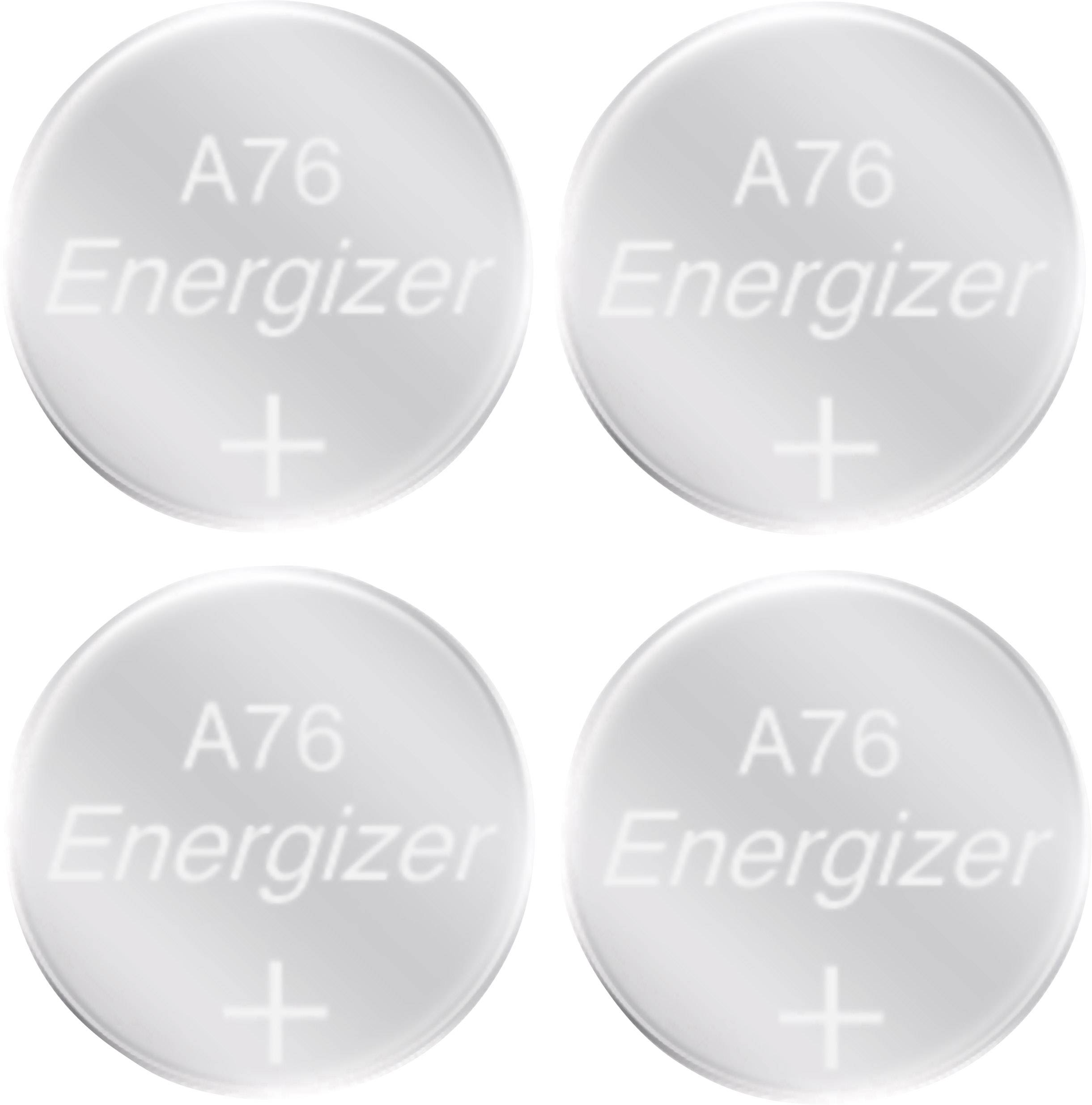 Čtyři do řady seřazené knoflíkové baterie s nápisem 'A76 Energizer +'.