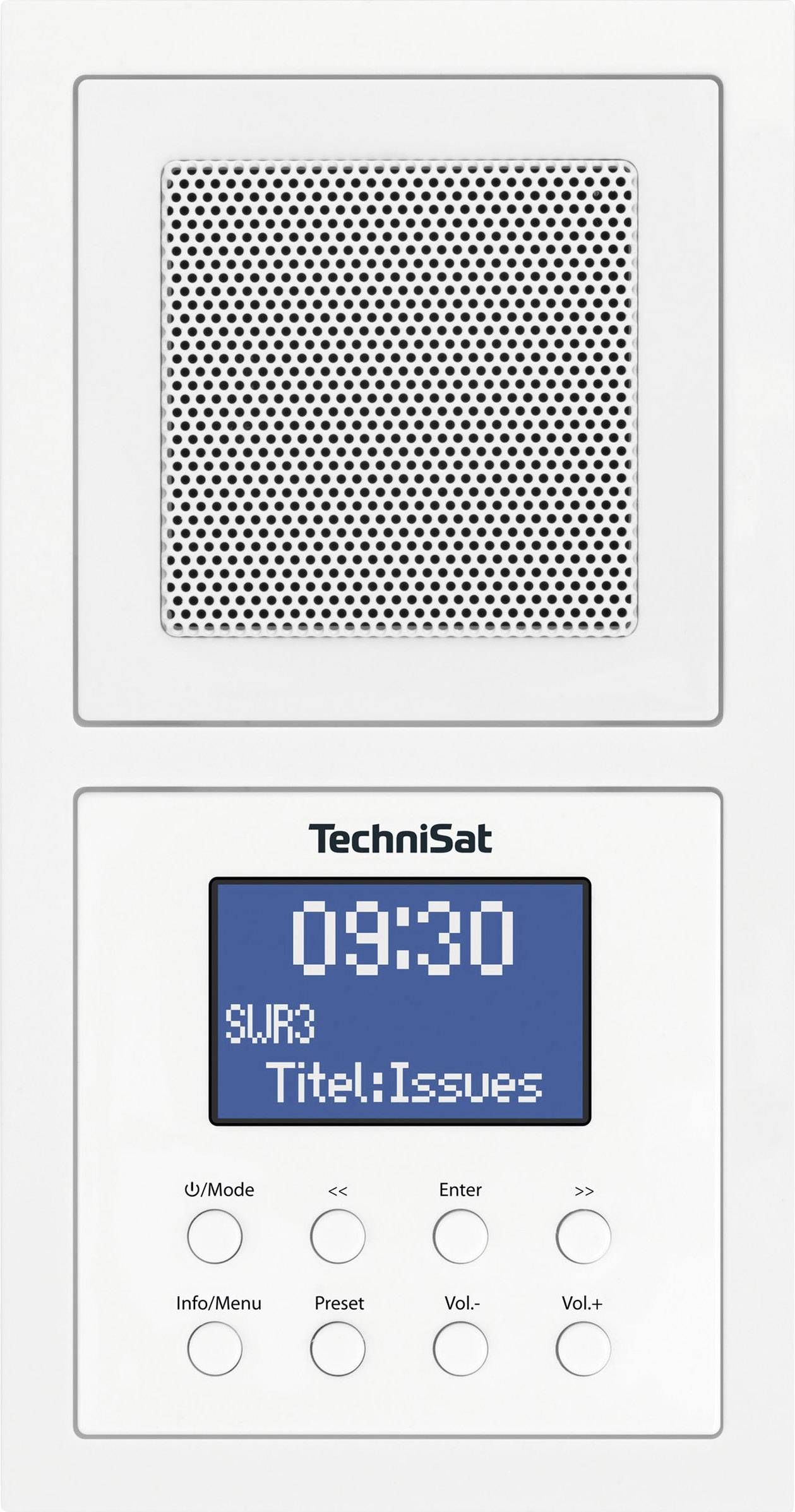 Digitální rádio s displejem zobrazuje '09:30', stanice 'SWR3', titul 'Issues'. Reproduktorová mřížka nahoře, ovládací prvky dole.