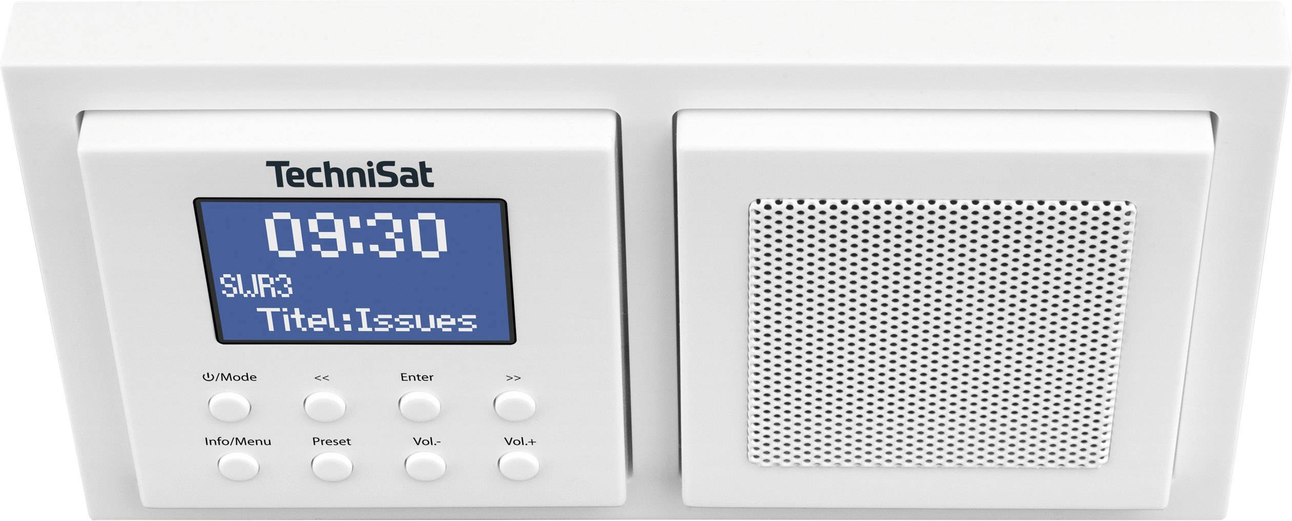 Digitální rádio od TechniSatu zobrazuje na displeji čas 09:30 a stanici 'SWR3' s aktuálním titulem 'Issues'.