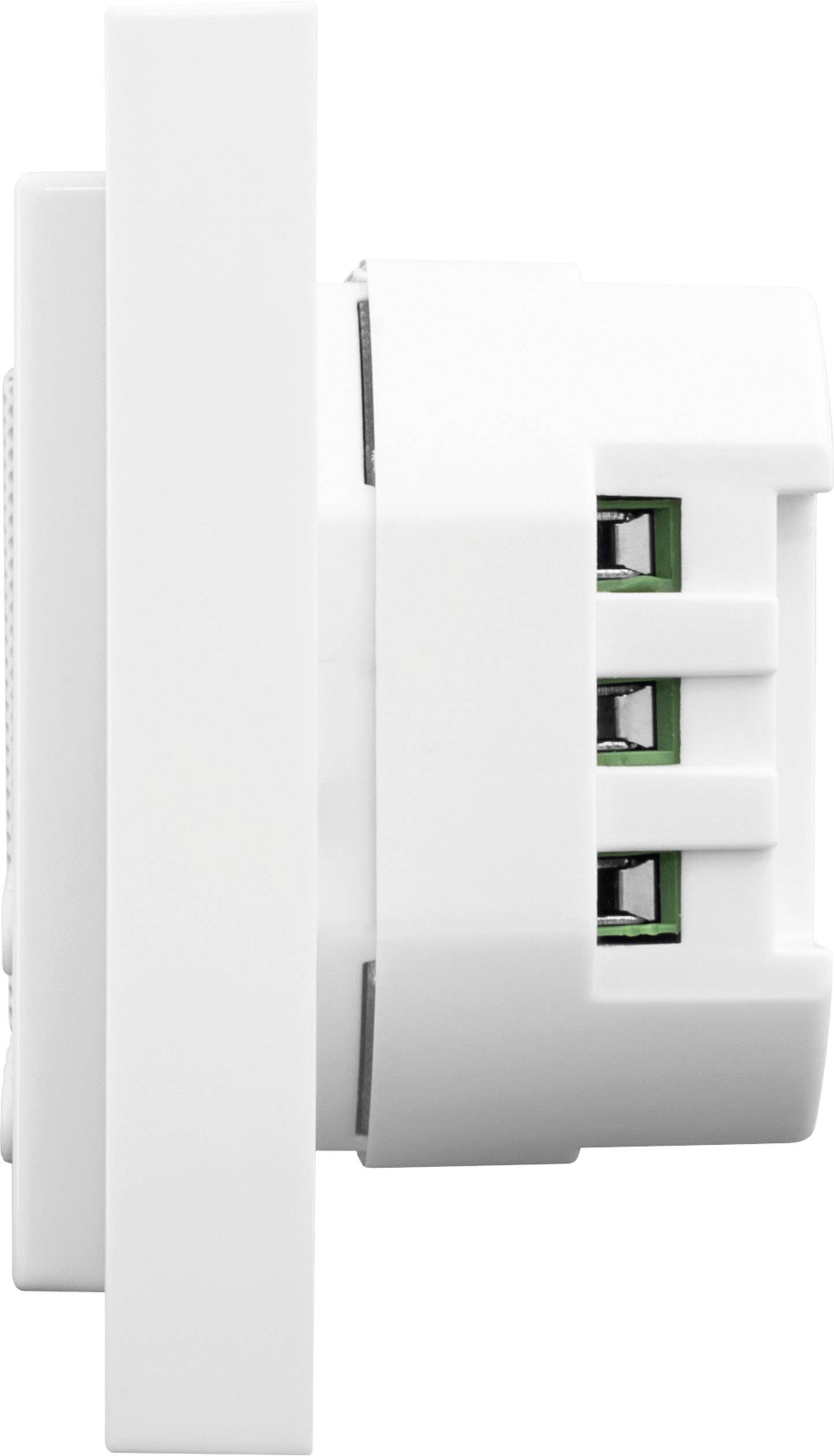 Boční pohled na bílý nástěnný prvek se třemi připojovacími svorkami, vhodný pro elektrokeramické topné těleso a termostaty.