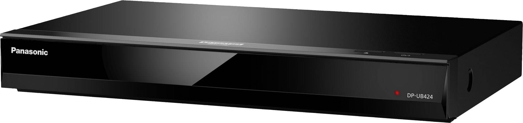 Černý Panasonic Blu-ray přehrávač, model DP-UB424, s elegantním designem a viditelným indikátorem provozu na přední straně.