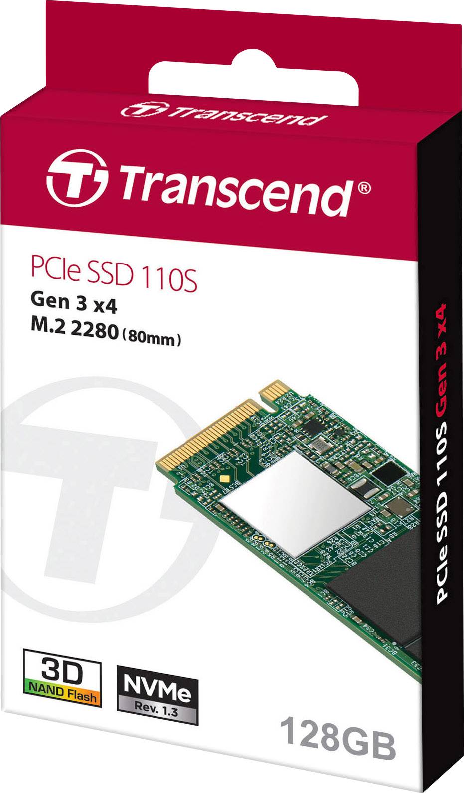 Balení SSD disku Transcend PCIe 110S o kapacitě 128 GB. Generace 3 x4, M.2 2280 (80 mm). Podporuje 3D NAND Flash a NVMe Rev. 1.3.