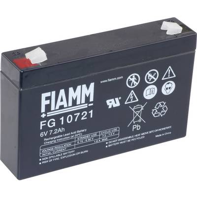 Černá baterie s nápisem 'FIAMM FG 10721', napětí 6V, kapacita 7,2 Ah. Obsahuje symboly recyklovatelnosti a výstražné symboly.