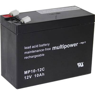 Černošedá olověná akumulátorová baterie s nápisem 'multipower'. Model MP10-12C, 12V, 10Ah, bezúdržbová a dobíjecí.