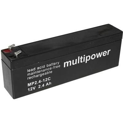 Černý olověný akumulátor značky 'multipower', model MP2.4-12C, 12V 2,4Ah, bezúdržbový a dobíjecí.
