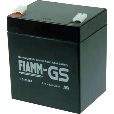 Černá, obdélníková olověná baterie s nápisem 'FIAMM GS, 12V 4.5Ah/20HR'. Vhodná pro dobíjecí aplikace.