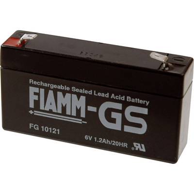 Dobíjecí olověný akumulátor FIAMM-GS 6V 1.2Ah/20HR, černý se dvěma svorkovými připojeními nahoře.