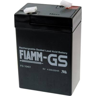 Malý dobíjecí olověný akumulátor od společnosti FIAMM-GS, model FG 10451, s napětím 6 V a kapacitou 4,5 Ah.