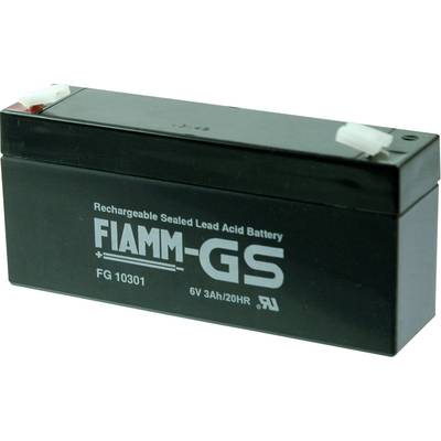 Černá dobíjecí olověná baterie značky 'FIAMM-GS', model FG 10301, s kapacitou 6V 3Ah/20HR.