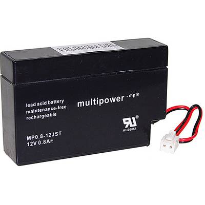 Černý olověný akumulátor s nápisem 'multipower', 12V, 0,8Ah. Bezúdržbový a dobíjecí, s červenými a černými připojovacími kabely.