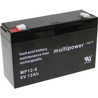 Černý olověný akumulátor, bezúdržbový a dobíjecí. Nápis: 'multipower', MP12-6, 6V, 12Ah.