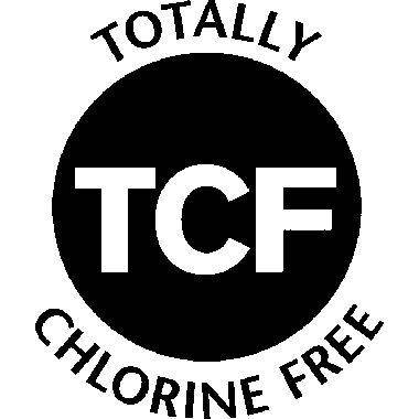 Logo 'Zcela bez chloru', zobrazující zkratku TCF v černém kruhu, symbolizuje výrobu bez použití chloru.