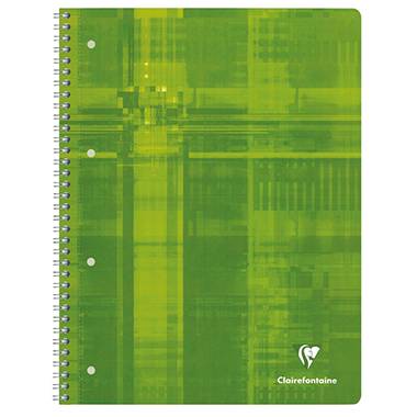 Zelený spirálový notes s geometrickým vzorem. Dole vpravo je vidět logo Clairefontaine.