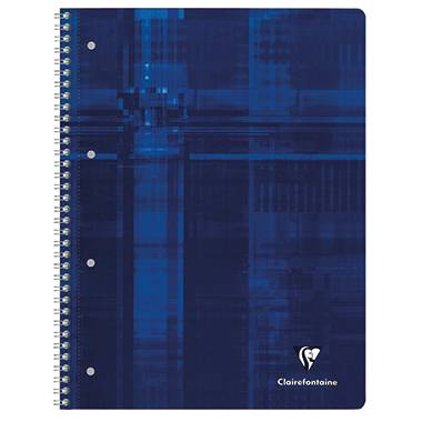 Modrý spirálový sešit Clairefontaine s geometrickým vzorem a kovovou spirálovou vazbou. Vpravo dole je umístěno logo značky.