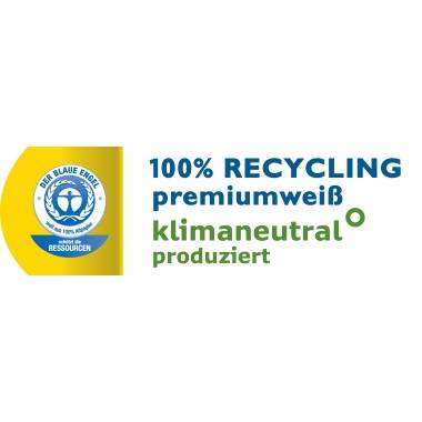 "100% RECYKLACE, prémiová bílá, vyrobeno s klimatickou neutralitou" Text s logem modrého anděla, který zdůrazňuje udržitelnou výrobu a ochranu zdrojů.