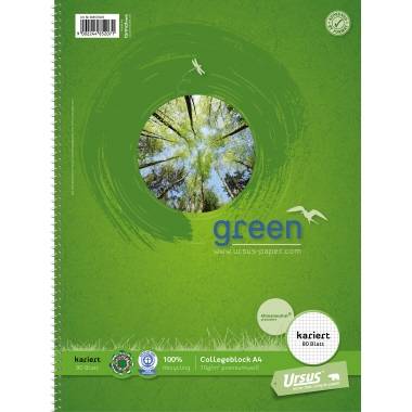 Obal na poznámkový blok v zelené barvě s fotografií stromů v kruhu. Nápis: 'green', čtverečkovaný papír, 80 listů, formát A4, recyklovaný.