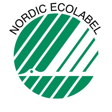 Logo 'Severská ekologická značka': Bílá labuť v zeleném kruhu, obklopená diagonálními liniemi. Orámováno slovy 'Nordic Ecolabel'.