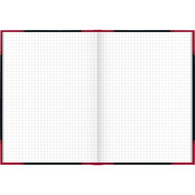 Otevřený notes se čtvrtkovanými stránkami a červeným okrajem, který ukazuje dvě prázdné stránky.